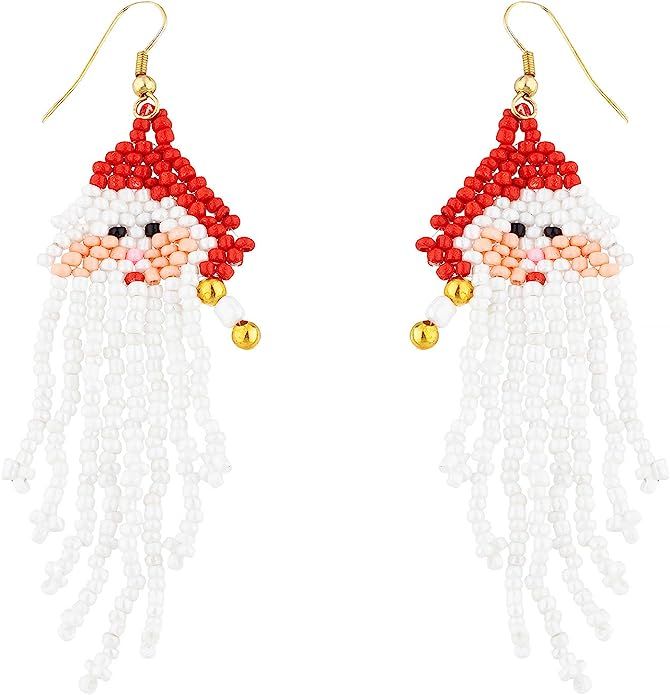 Lux Accessories Santa Claus Red White Beaded Goldtone Fashion Dangle Earrings | Amazon (US)