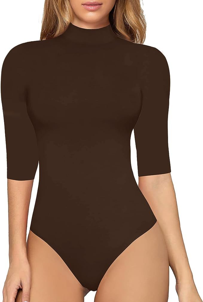 OWIN Women's Basic Mock Turtleneck Half Sleeve Bodysuit Tops Double Lined Slimming Bodysuits Leot... | Amazon (US)