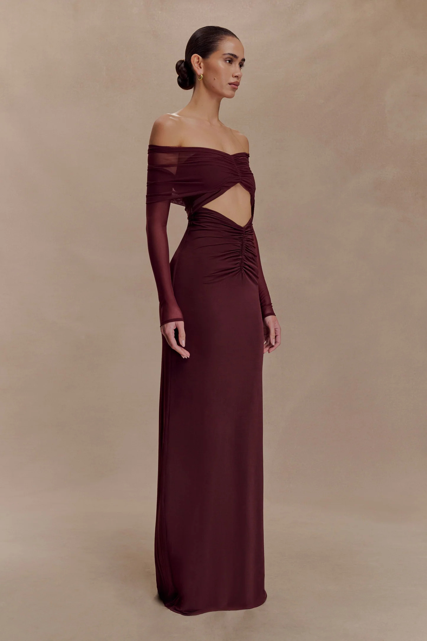Rafaella Slinky And Mesh Maxi Dress - Mahogany | MESHKI US
