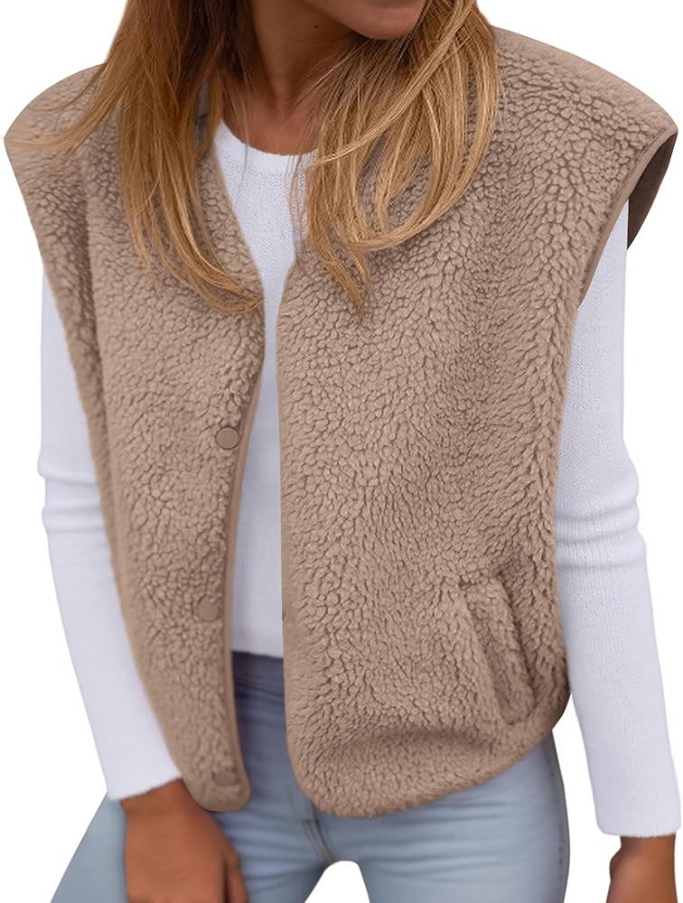 KIRUNDO Women's Fall Winter Fleece Vest 2025 Trendy Sleeveless Sherpa Jacket Button Down Open Fro... | Amazon (US)