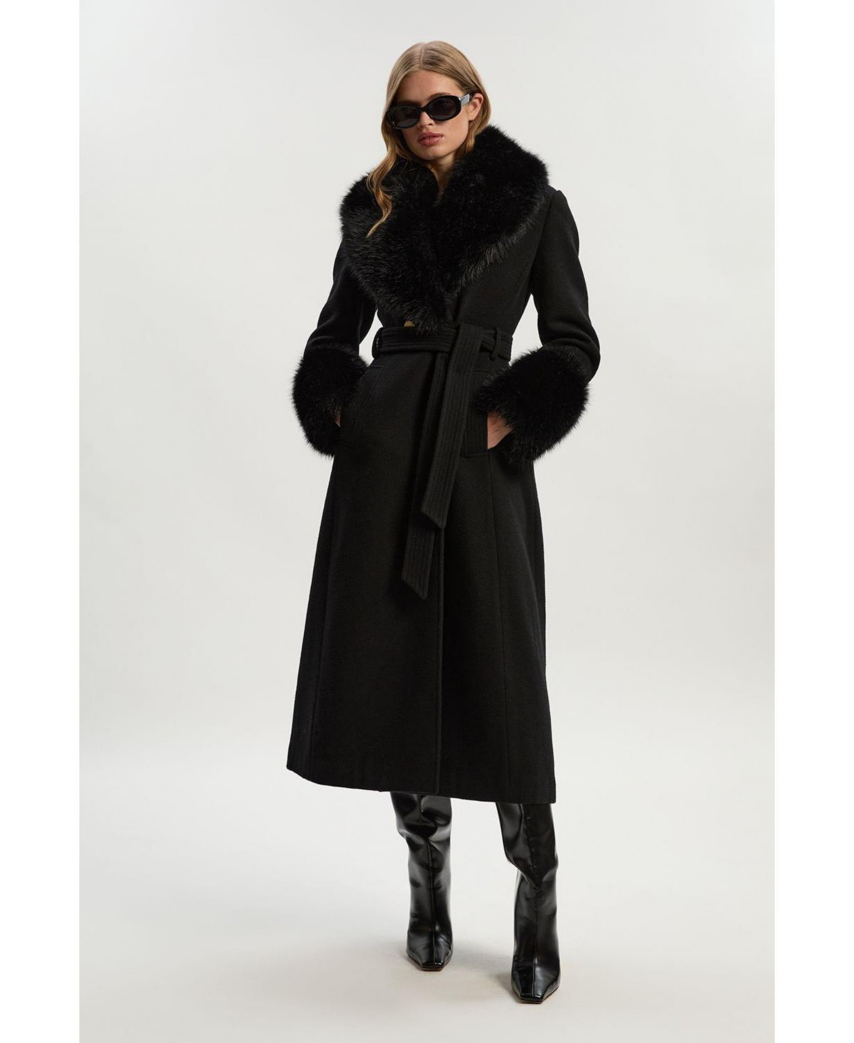 Karen Millen Women's Wool Detachable Fur Belted Midi Coat - Black | Macy's