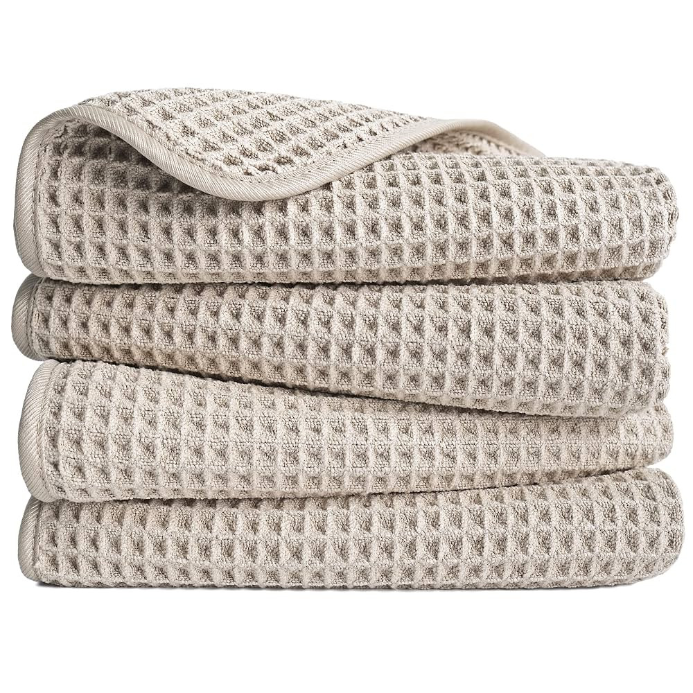 POLYTE Microfiber Lint Free Hand Towel, 16 x 30 in, 4 Pack (Beige, Waffle Weave) | Amazon (US)