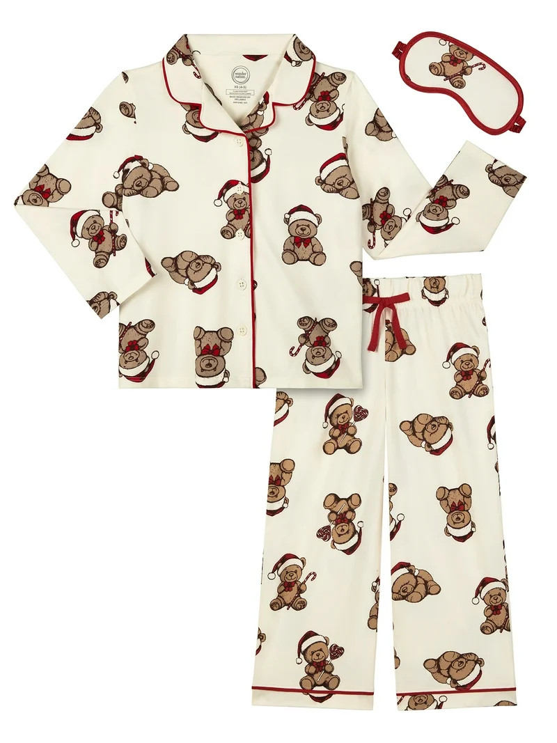 Wonder Nation Girls Long Sleeve Button Front Pajama Top and Pants Set with Eyemask, 3-Piece, Size... | Walmart (US)