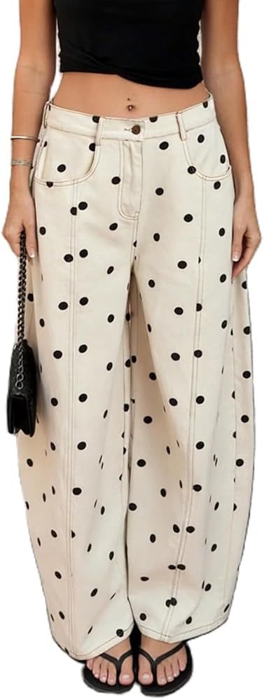 Yoawdats Women's Polka Dot Pattern Barrel Jeans Casual Wide Leg Mid Rise Denim Pants Y2K Boyfrien... | Amazon (US)