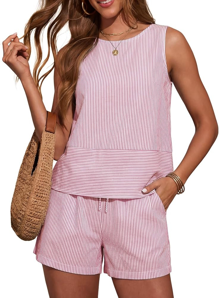 LOMON Women's Trendy 2 Piece Outfits Shorts Sets Summer Crew Neck Sleeveless Tank Top and Bottom ... | Amazon (US)