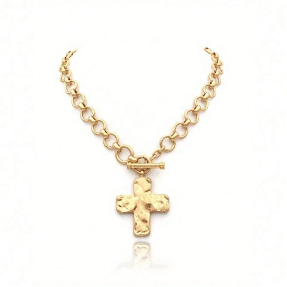 Hammered Bold Cross Necklace Thick Chain Set For Women Men Chunky Golden Silvery Statement Pendant Necklace Vintage Chain Pendant Jewelry | SHEIN