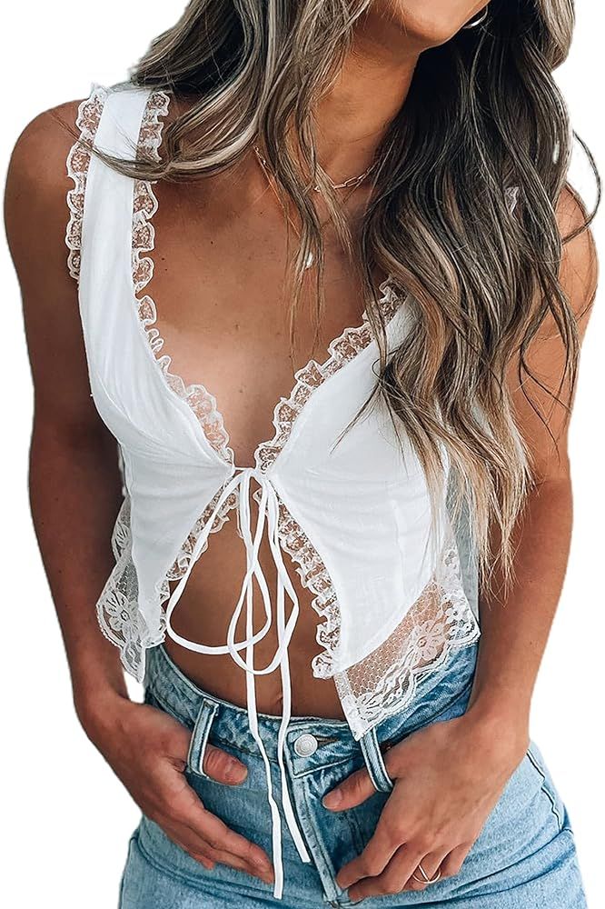 CSDAJIO Women's Sexy Sleeveless Lace Tirm Open Front Tie Up Crop Top Asymmetrical Hem Tank Shirt | Amazon (US)