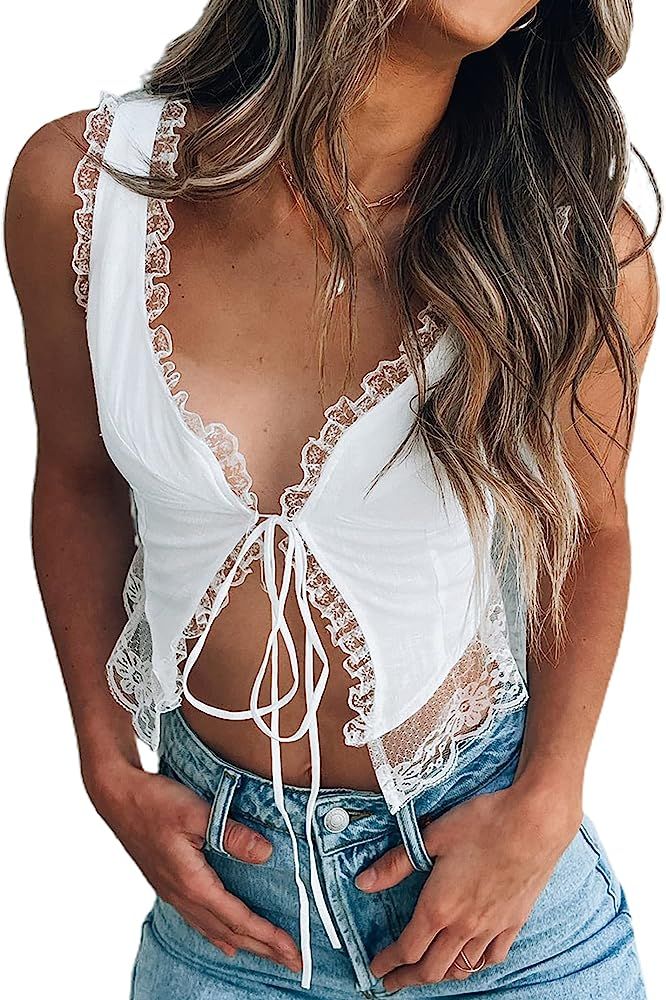 CSDAJIO Women's Sexy Sleeveless Lace Tirm Open Front Tie Up Crop Top Asymmetrical Hem Tank Shirt | Amazon (US)