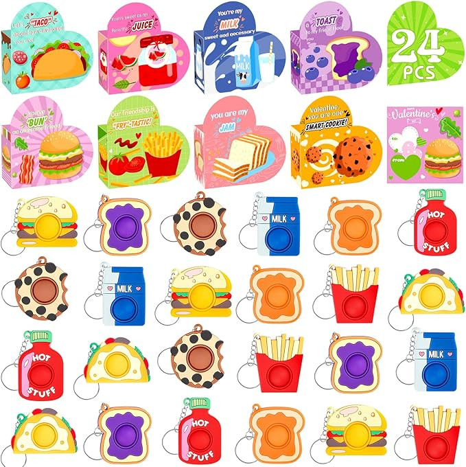 Valentines Day Cards for Kids School, 24 PCS Keychain Valentines Day Gifts for Kids with Food Pop... | Amazon (US)