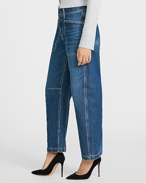 Mid Rise Medium Wash Utility Barrel Jeans | Express