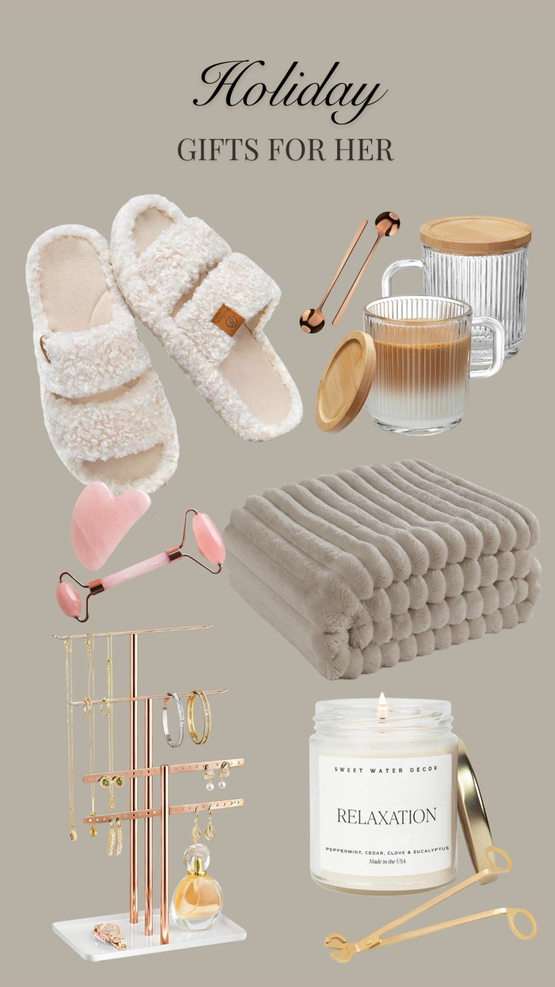 Gift ideas perfect for “her”! gift list, gift basket, holiday gift, stocking stuffer, Christmas present, Christmastime, holidays, slippers, candle, throw blanket, jewelry holder, coffee mugs, tea

#LTKHoliday #LTKHome #LTKGiftGuide