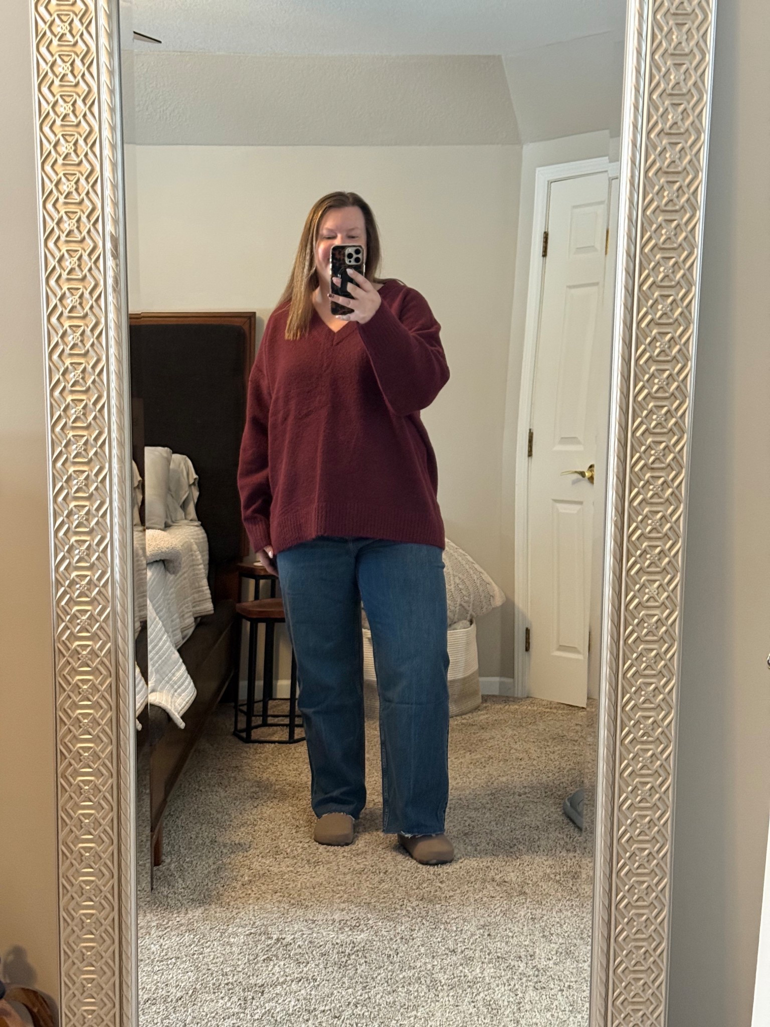 This v neck sweater runs very oversized. Wearing an xxl but definitely needed smaller. Denim are size 34  

#LTKootd #LTKMidsize #LTKOver40