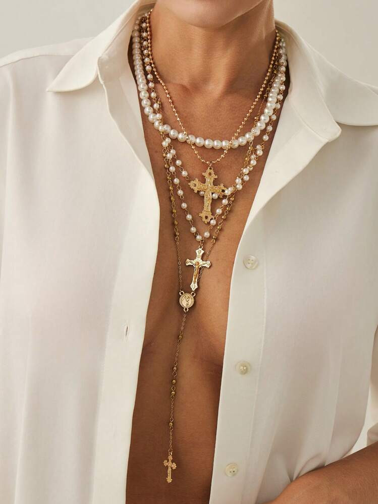 4pcs/Set 14k Gold Plated Multi-Layer Beaded Cross & Virgin Mary Necklace, Suitable For Vacation, Prayer, Baptism Wear | SHEIN