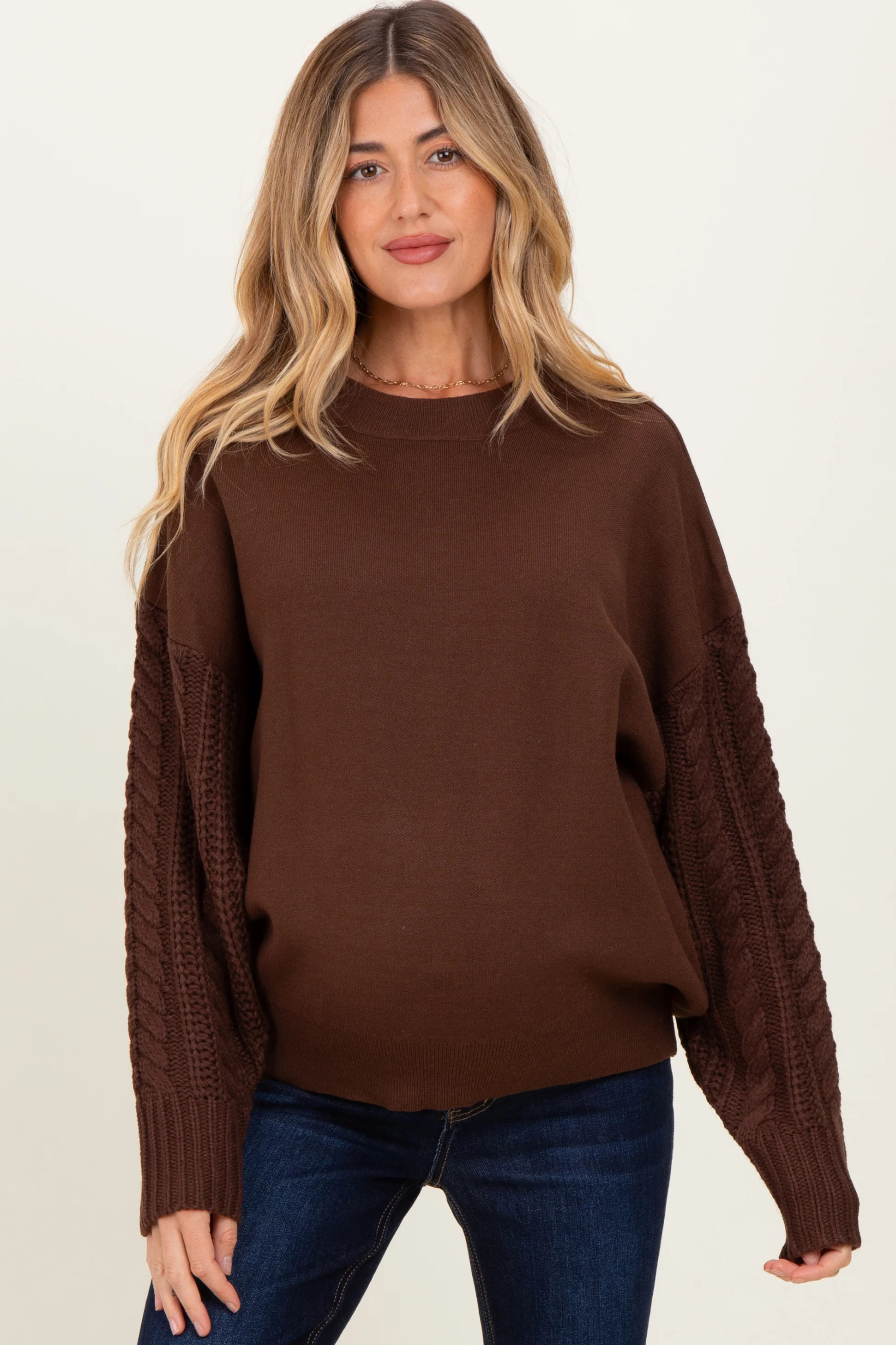 Brown Cable Knit Sleeve Round Neck Sweater | PinkBlush Maternity