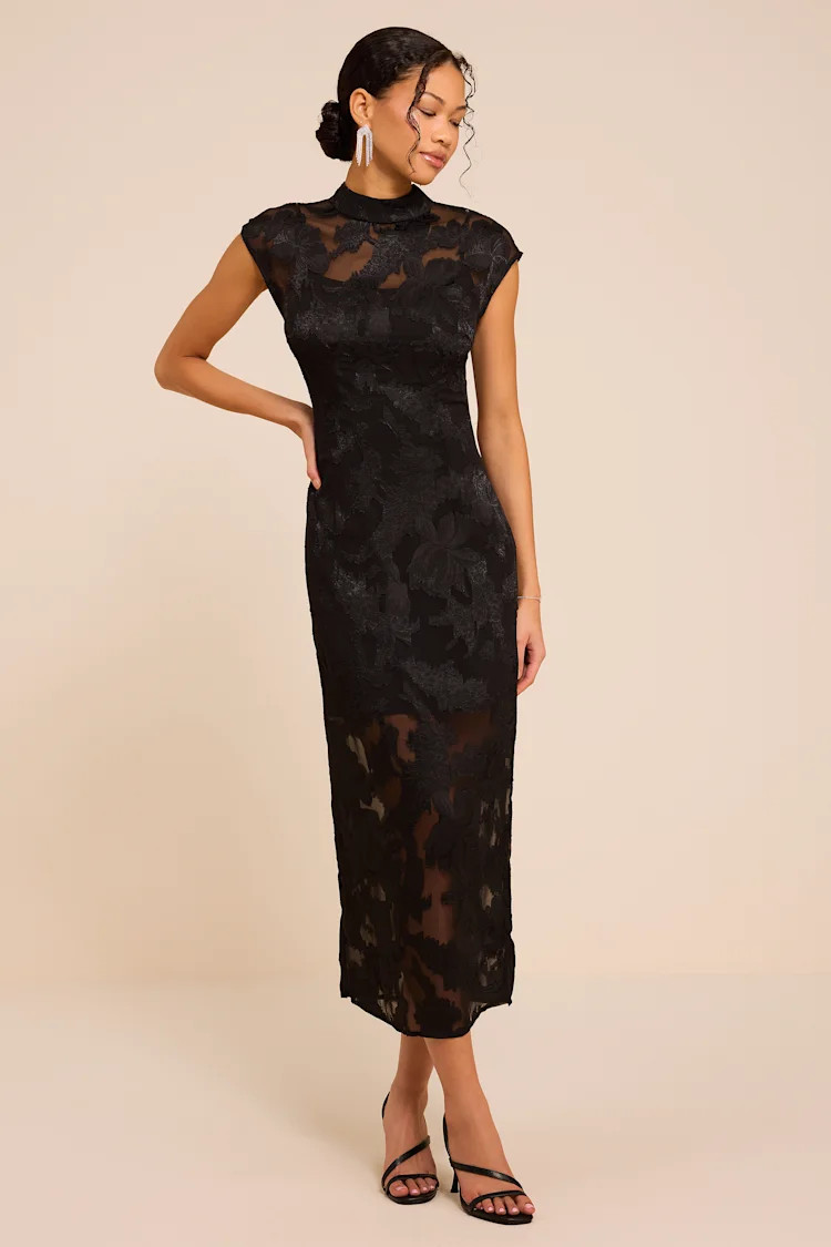 Tensely Black Floral Jacquard Cap Sleeve Midi Dress | Lulus