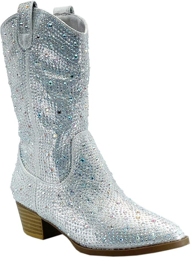 ABSOLEX Girls' Western Cowgirl Cowboy Pointed Toe Rhinestone Low Heel Boots | Amazon (US)