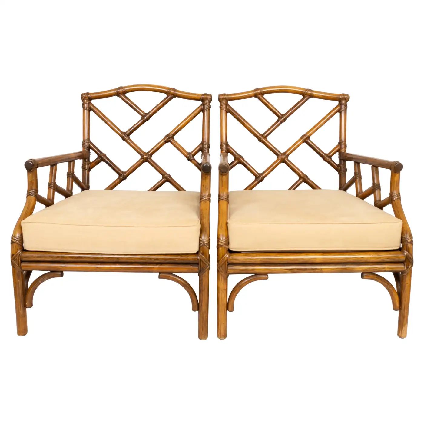 Pair of English Faux Bamboo Cane Chinese Chippendale Lounge Armchairs C.1960 | 1stDibs