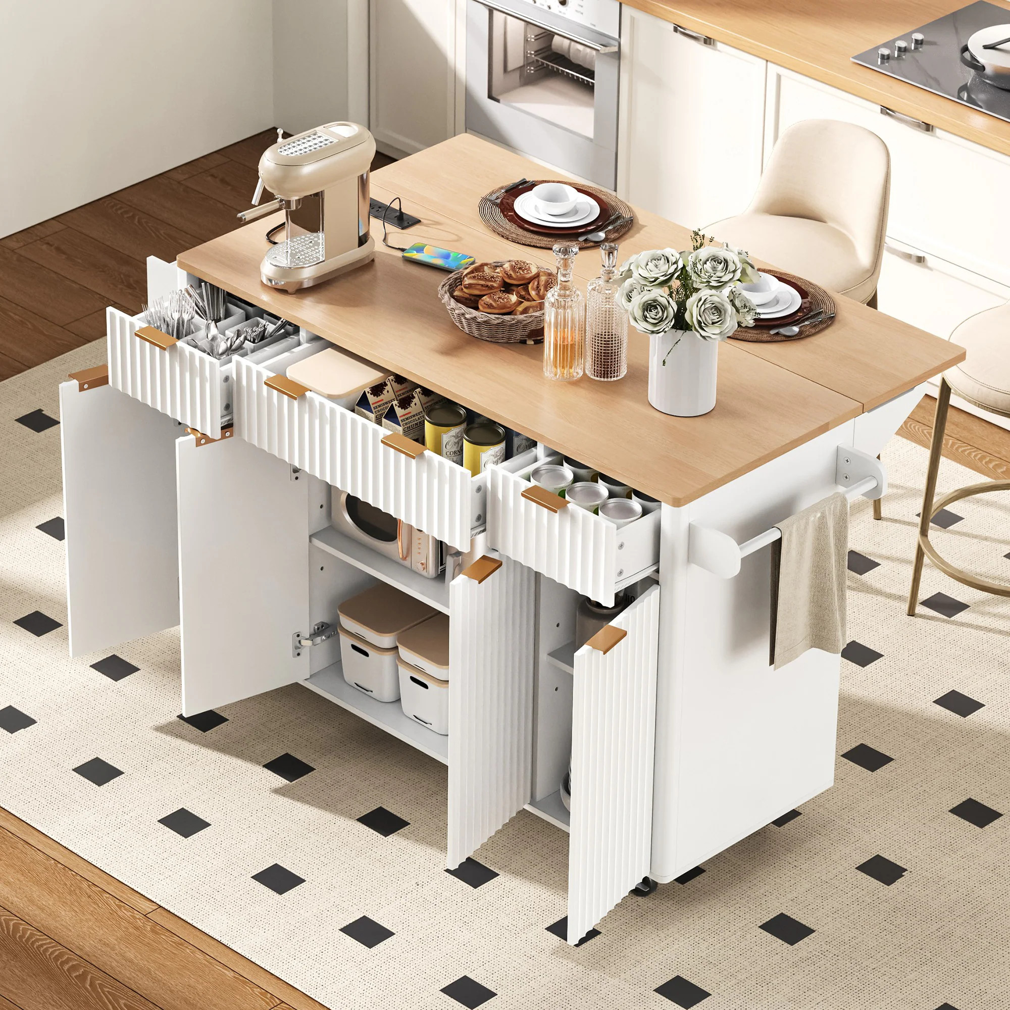 ModernLuxe Fluted Kitchen Island with Storage 55.5inch Kitchen Island with Drop Leaf Power Outlet 4 Doors and 3 Drawers Rolling Island Table with | Lowe's