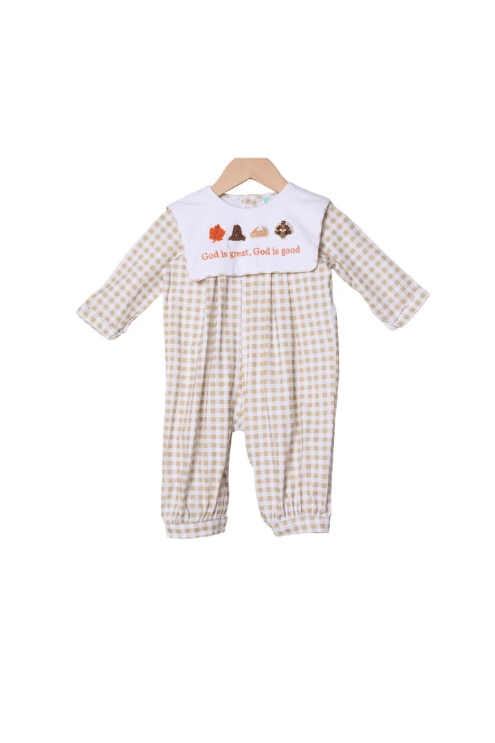 French Knot God is Great, God is Good Gingham Romper | The Smocked Flamingo