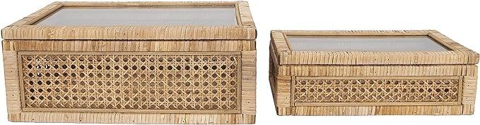 Creative Co-op Woven Rattan Glass Lids & Fir Wood Frame (Set of 2 Sizes) Display Boxes, Beige | Amazon (US)