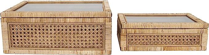 Creative Co-op Woven Rattan Glass Lids & Fir Wood Frame (Set of 2 Sizes) Display Boxes, Beige | Amazon (US)