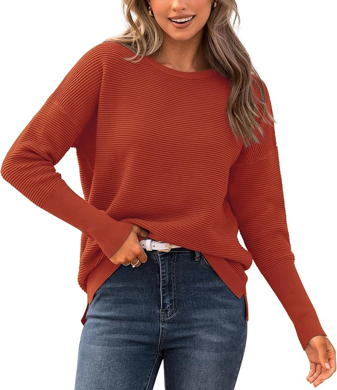 BTFBM Casual Women 2023 Fall Sweater Long Sleeve Ribbed Knit Pullover Loose Crewneck Batwing Spli... | Amazon (US)