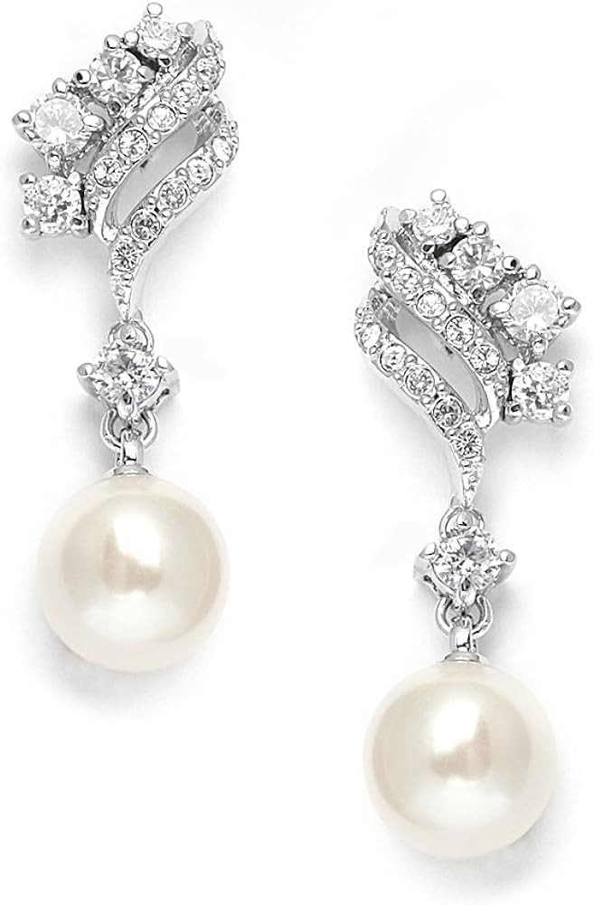 Mariell Pearl Drop Wedding Bridal Earrings, Cubic Zirconia and Pearl Drop Earrings for Brides, Br... | Amazon (US)