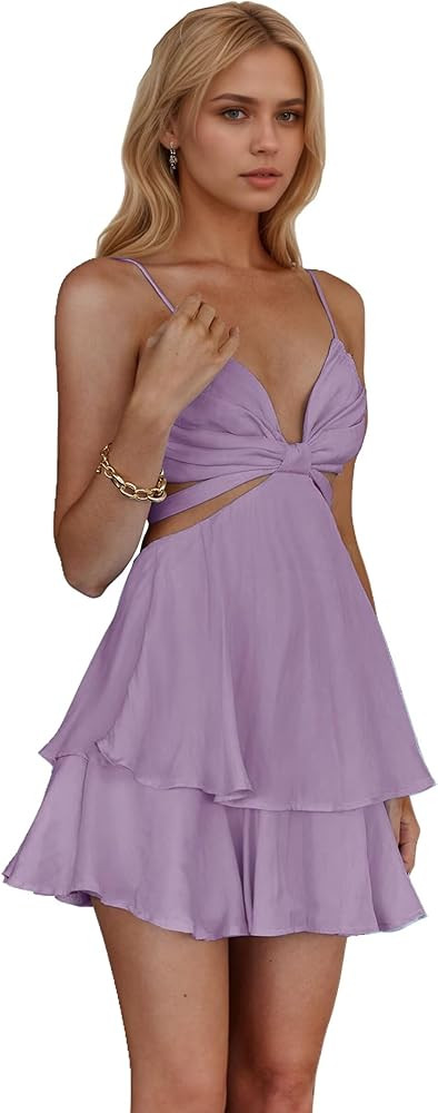 Deep V-Neck Homecoming Dresses Satin Cutout Tiered Pleated Short Mini Cocktail Graduation Gowns | Amazon (US)