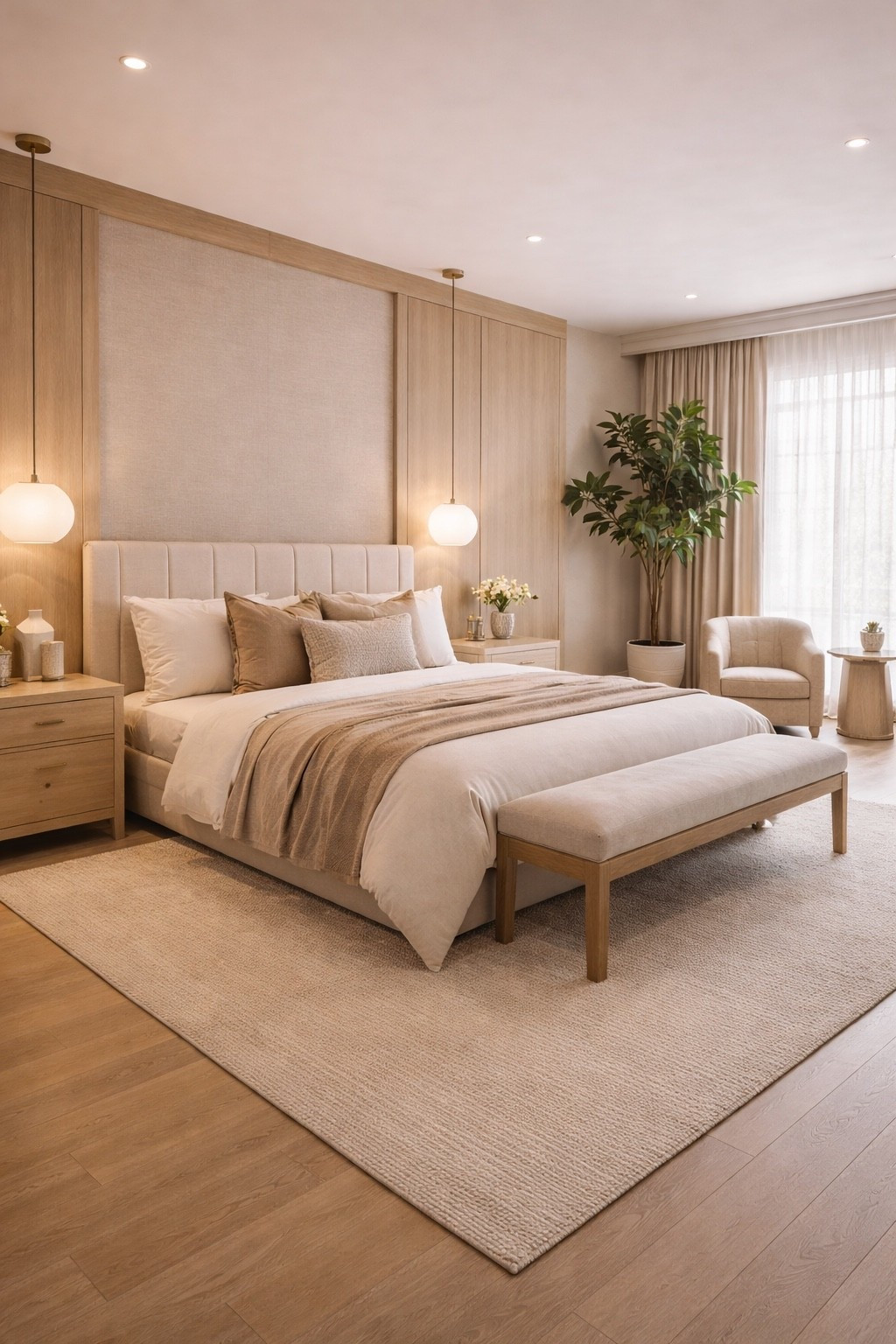 A calm, modern bedroom designed in soft beige and warm wood tones for a serene, hotel-style feel. The oversized upholstered bed, plush area rug, and minimal bench create a cozy yet elevated look that feels both luxurious and effortless. Clean lines, natural textures, and warm lighting make this space perfect for a relaxing evening routine and slow mornings. A timeless neutral aesthetic that instantly upgrades any bedroom.

#bedroomdecor #modernbedroom #neutralhome #luxurybedroom #beigeaesthetic #cozyhome #minimalinterior #warmminimalism #ltkhome #pinteresthome #bedroominspo #homeinspiration #interiorstyling #softliving #eleganthome