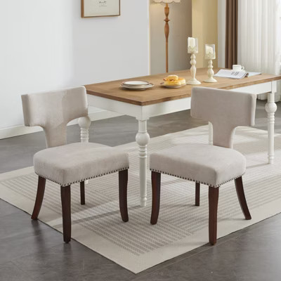 Okak Mid Century Dining Chairs Set of 2, Curved Linen Upholstered Back with Copper Nailheads, Solid Hardwood Frame Accent Chair, Beige | Target