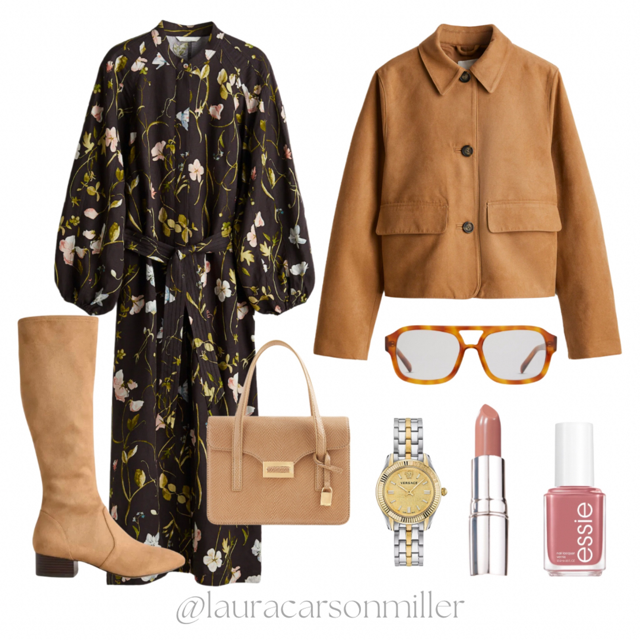 A floral dress with a dark background is an all seasons piece you’ll wear endlessly. I’ve linked the midi and short options. Pair it with a cashmere sweater, jacket, tights and boots, a long open cardigan, socks and loafers or a denim jacket and ballet flats or sandals. Push up the sleeves, add a woven clutch bag and wear sling backs with bare legs for a spring or summer wedding. Wear a statement coat in camel with the look shown here for a winter wedding. This dress is perfect to craft the best work outfit. So many options to bring out the floral shades with your makeup or handbag selections. The jacket can be worn with a feminine dress as shown here or with moto boots, low rise jeans and a sweater. So versatile! 
Work outfit, wedding guest outfit, valentines outfit, floral dress, tall boots, fashion styling, style tips, camel, button front jacket, Laura carson miller, sunglasses, pink nude lipstick, pink nails, watch

#LTKFindsUnder50 #LTKStyleTip #LTKItBag