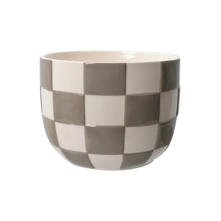 Mainstays Lennon 8.1" x 8.1" x 6" Round Birch Gray Checkered Ceramic Planter | Walmart (US)