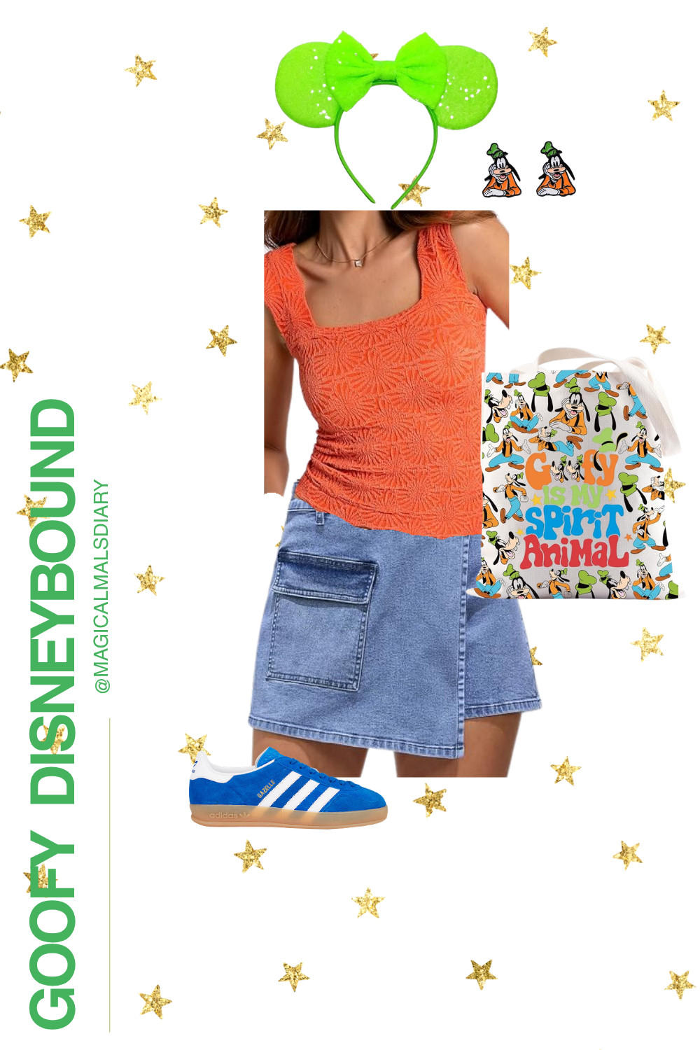 Goofy is my spirit animal and I'm not afraid to show it! 🧡💙💚 This is such a fun, subtle Disneybound — I pulled Goofy's colors with a bright orange top, a denim mini, and green sparkly ears, then added the sweetest Goofy studs and a matching tote. The blue Gazelles tie it all together and are SO comfy for walking. Perfect for a character day with friends!  

 