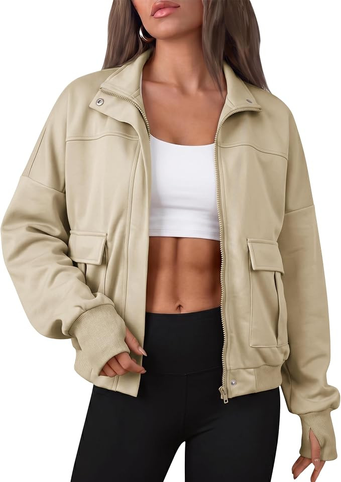Short Sweatshirt Bomber Jacket Women Zip Up Thumb Hole Stand Collar | Fall Spring Winter Casual O... | Amazon (US)