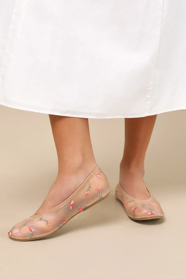 Idony Dark Nude Floral Mesh Ballet Flats | Lulus