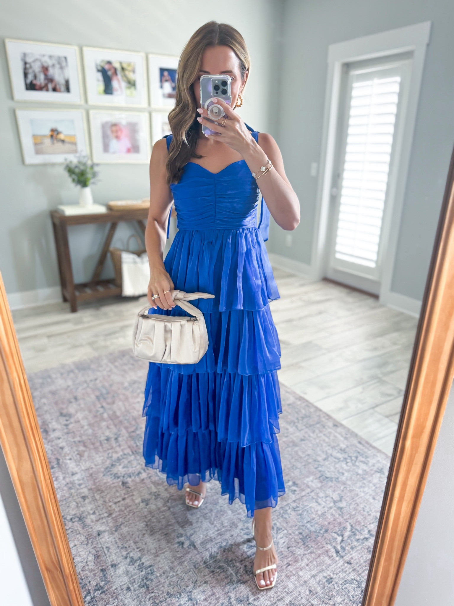 Wedding Guest Dress. Summer wedding guest. Fall wedding guest. Tiered dress. Royal blue dress in XS. Tie-straps are adjustable. Cocktail dress. Party dress. Amazon gold heels are TTS. 

#LTKWedding #LTKTravel #LTKParties