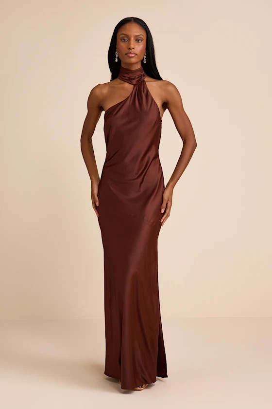 Madalena Dark Brown Satin Cowl Back Maxi Dress | Lulus