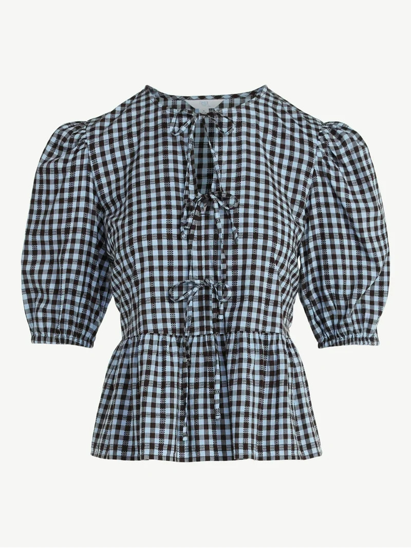 Time and Tru Women's Tie Front Peplum Top with Short Puff Sleeves, Size XS – XXXL | Walmart (US)