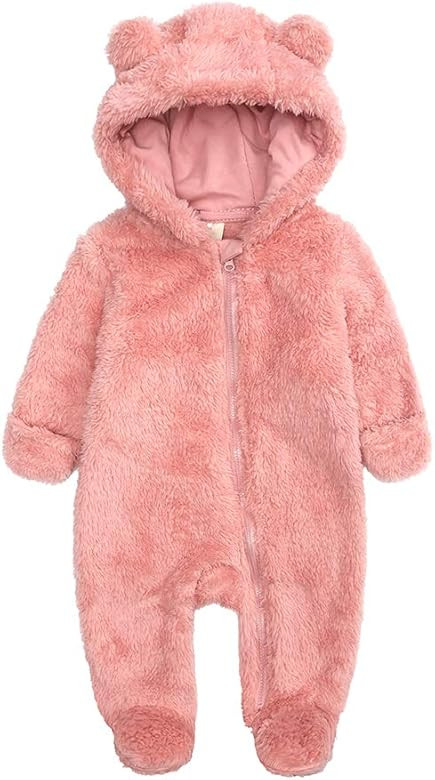 Newborn Baby Girl Boy Rompers Bear Ear Hooded Jumpsuit Fleece Snowsuit Long Sleeve Zipper Winter ... | Amazon (US)