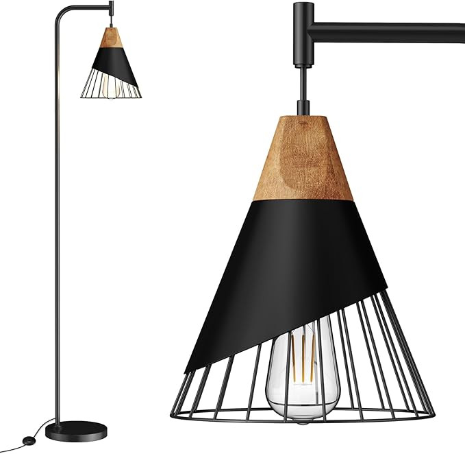 67" Industrial Floor Lamp with Wood & Black Metal Shade, Modern Standing Lamp, Rustic Farmhouse T... | Amazon (US)