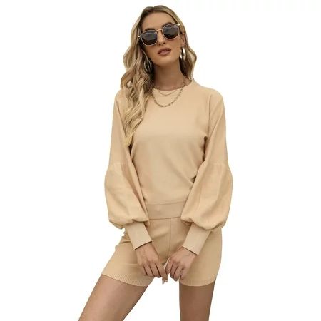 Doaraha Women s Long Sleeve Sweater Shorts Set Solid Color Knit 2 Piece Outfits Sets Sweatsuit Apric | Walmart (US)