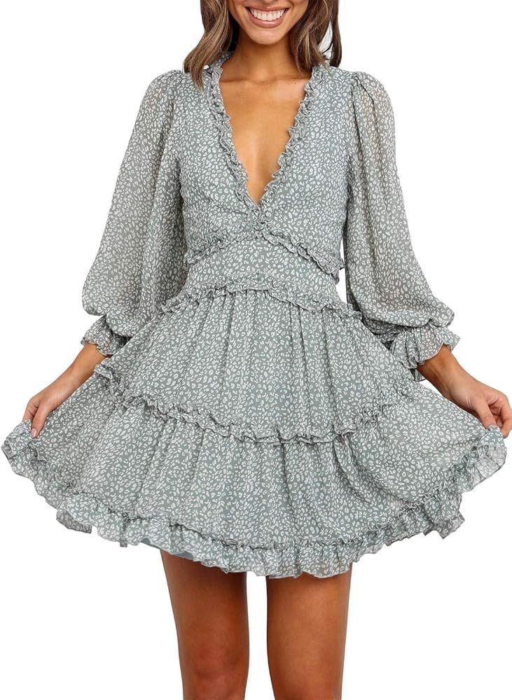 Happy Sailed Women Long Sleeve Ruffle Layer Backless Swing Mini Dress S-XL | Amazon (US)