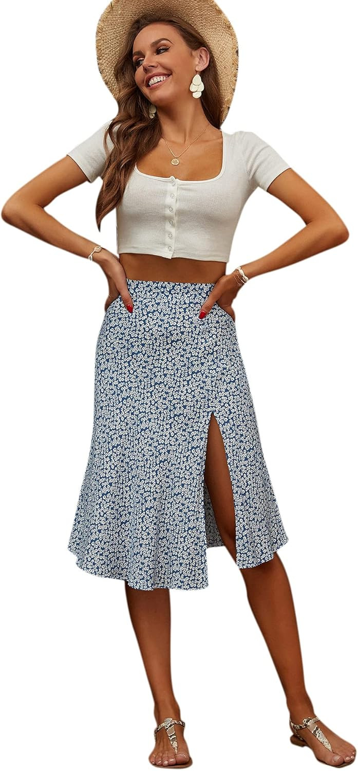 SweatyRocks Women's Casual High Waist Boho Printed Side Split A-Line Midi Skirt | Amazon (US)
