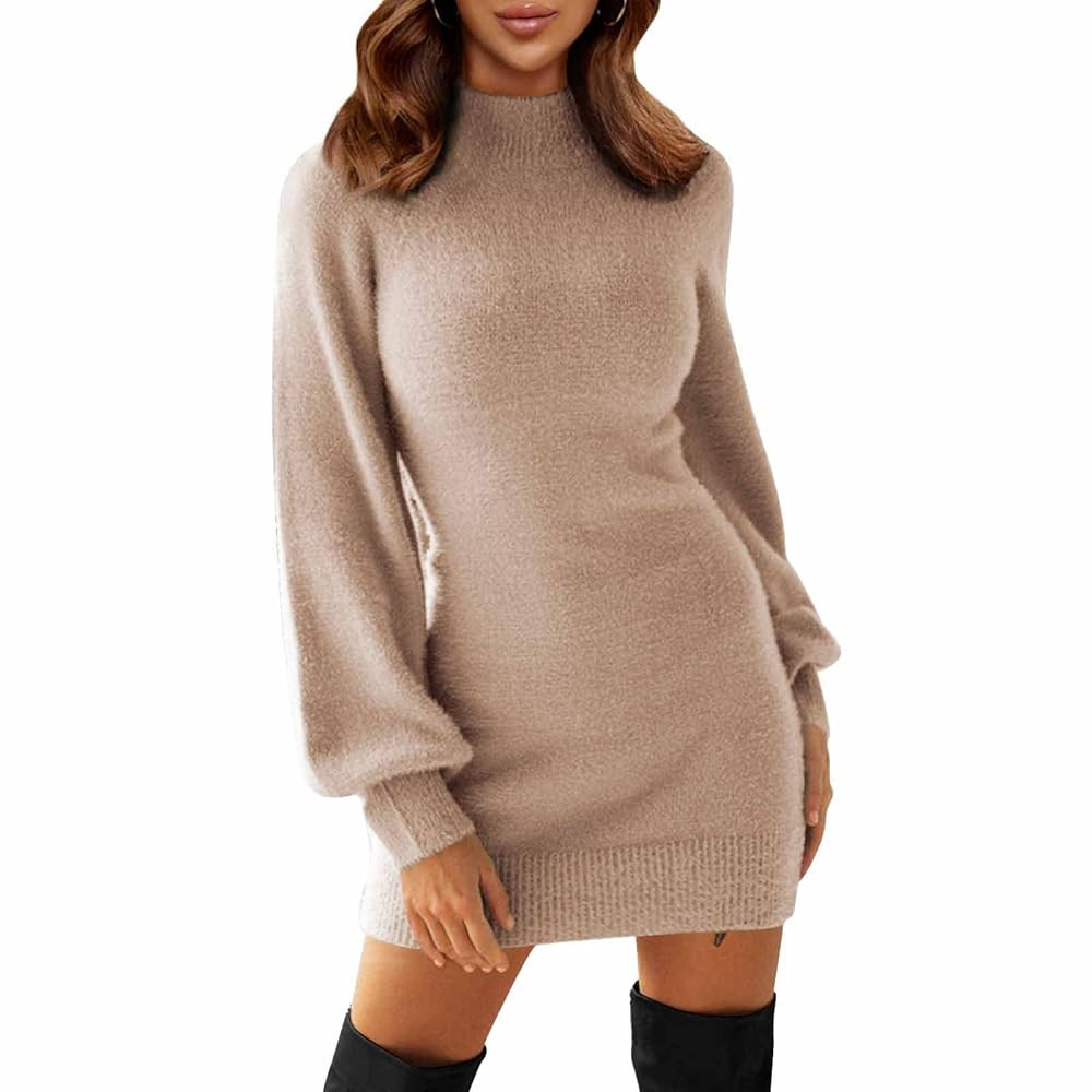 EXLURA Women's 2025 Mock Neck Ribbed Long Sleeve Bodycon Pullover Cute Mini Sweater Dress | Amazon (US)