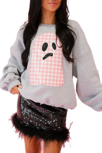 Argeousgor Women Halloween Sweatshirt Sequin Ghost Oversized Long Sleeve Sweater Pumpkin Pullover Tops Shirt(Gray,L) | Amazon (US)
