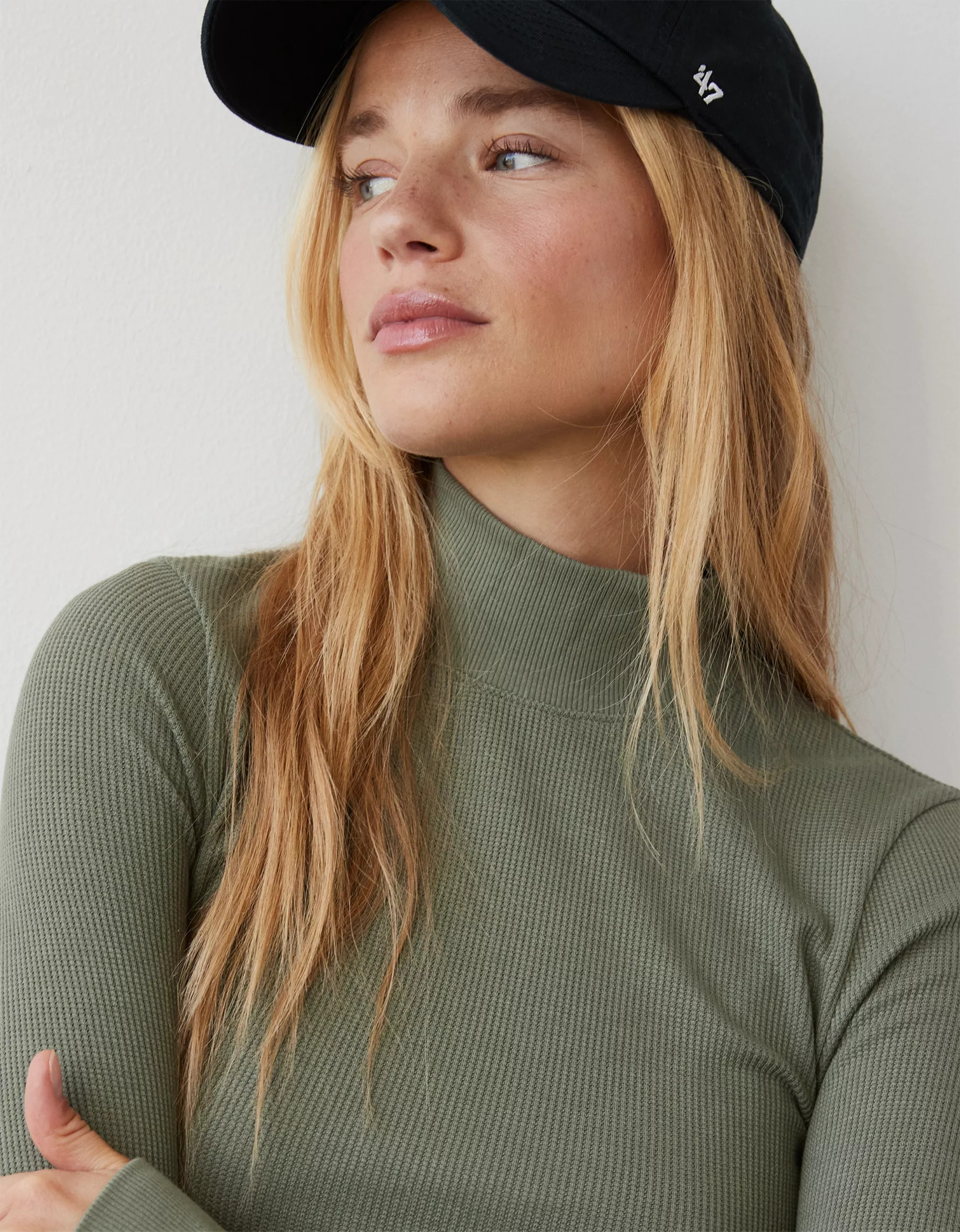 AE Long-Sleeve Cropped Hey Baby Mock Neck Tee | American Eagle Outfitters (US & CA)