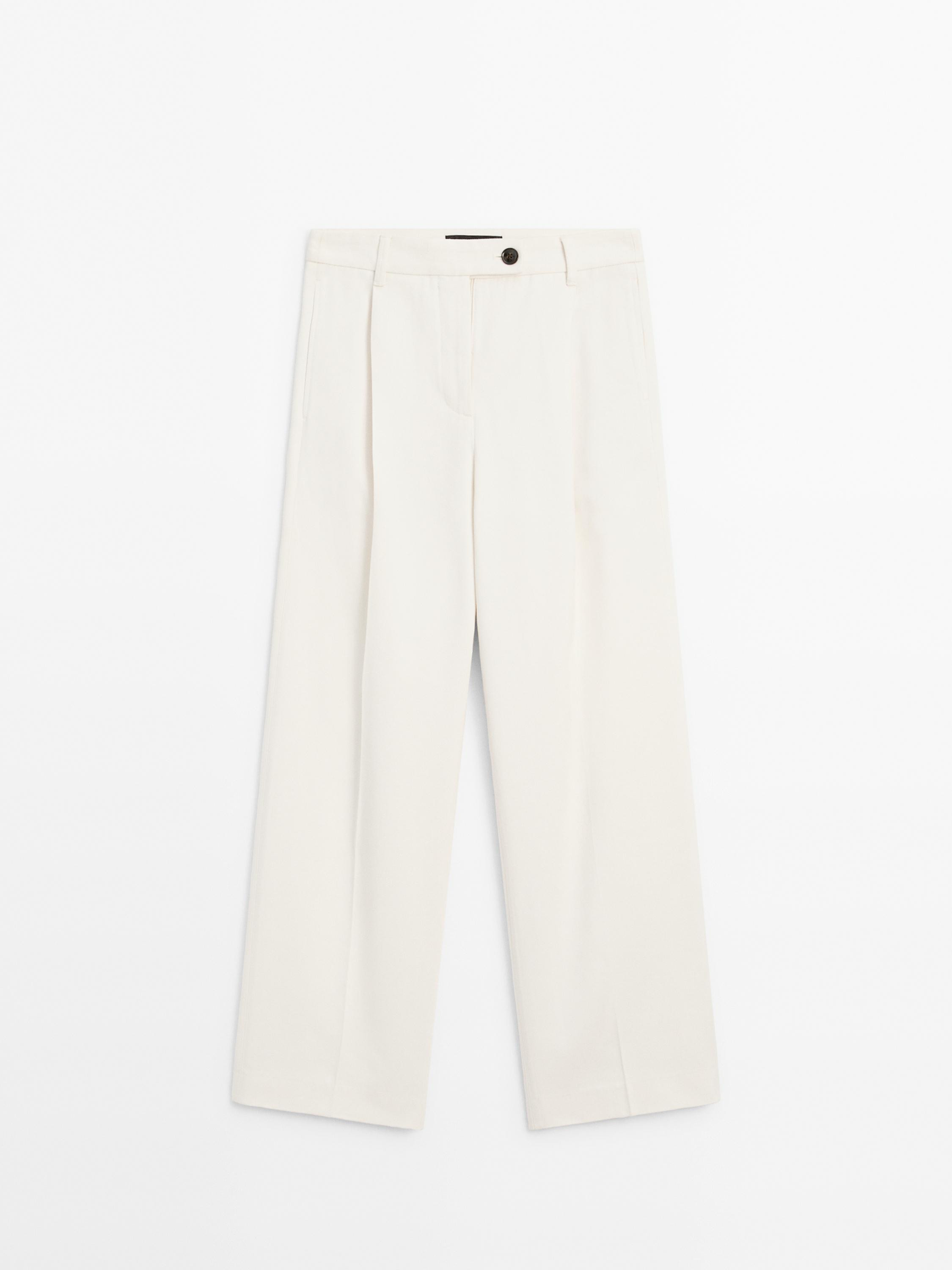 Wide-leg pleated cotton blend trousers | Massimo Dutti UK