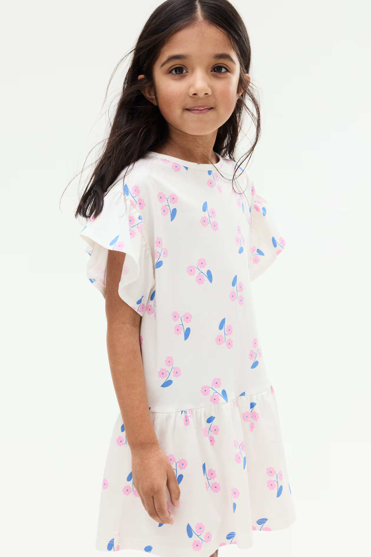 Flutter-Sleeved Cotton Dress - White/floral - Kids | H&M US | H&M (US + CA)