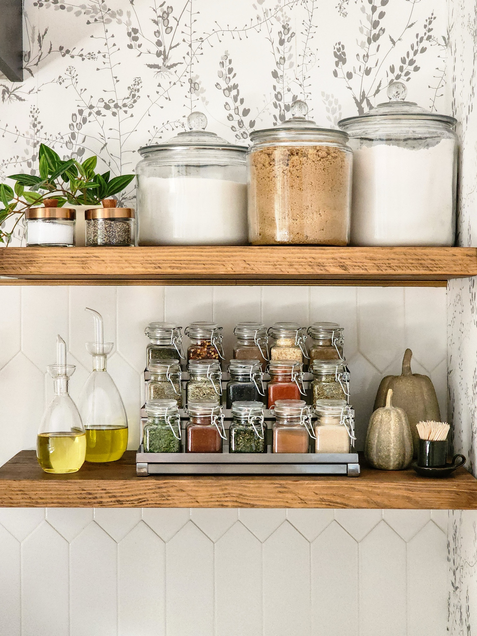 I swapped out my cabbage salt and pepper shakers for ceramic pumpkins and dark olive green candle stick holder I filled with toothpicks to quickly update this space from summer to fall.

#LTKHome #LTKFindsUnder50 #LTKSeasonal