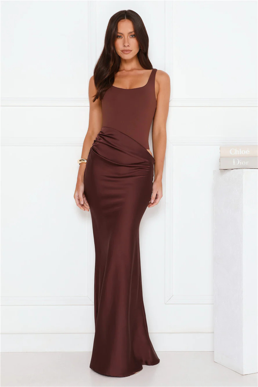 Effortlessly Yours Satin Maxi Dress Chocolate | Hello Molly (US)